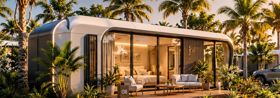 Architectural concept of a contemporary modular home surrounded by landscaping